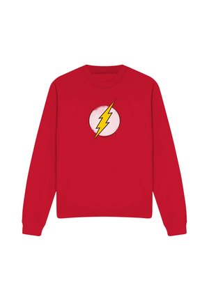 Rotes langärmliges Sweatshirt mit einem gelben Blitzsymbol in einem weißen Kreis auf der Brust.