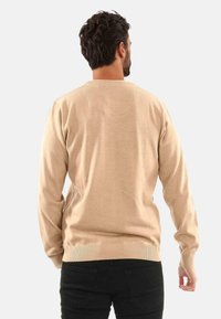 Beige Pullover mit Rundhalsausschnitt, langen Ärmeln und geripptem Saum. Hergestellt aus einem weichen Material, hat eine glatte Textur mit minimalen Details.