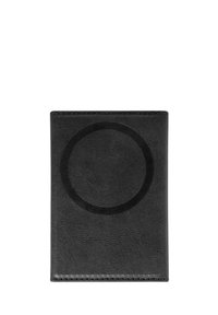 Zwarte leren portefeuille met een soepele textuur, voorzien van een ronde debossing aan de voorkant. Slank ontwerp met gestikte randen en zonder zichtbare hardware.