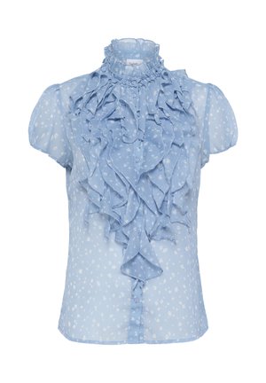 Blusa leggera azzurro chiaro, trasparente, con dettagli arricciati sul davanti, maniche a sbuffo corte e piccoli motivi floreali bianchi. Chiusura con bottoni sul davanti.