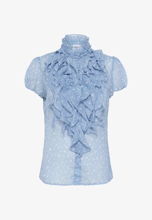 Blusa leggera azzurro chiaro, trasparente, con dettagli arricciati sul davanti, maniche a sbuffo corte e piccoli motivi floreali bianchi. Chiusura con bottoni sul davanti.