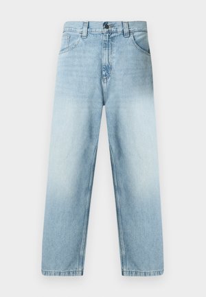 Light blue straight-leg jeans features a faded finish, five-pocket design, and visible stitching along the seams. Cotton denim material.