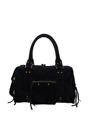Sac à main en daim noir avec une poche avant zippée, des accents en métal doré, deux poignées supérieures et des franges sur les côtés.