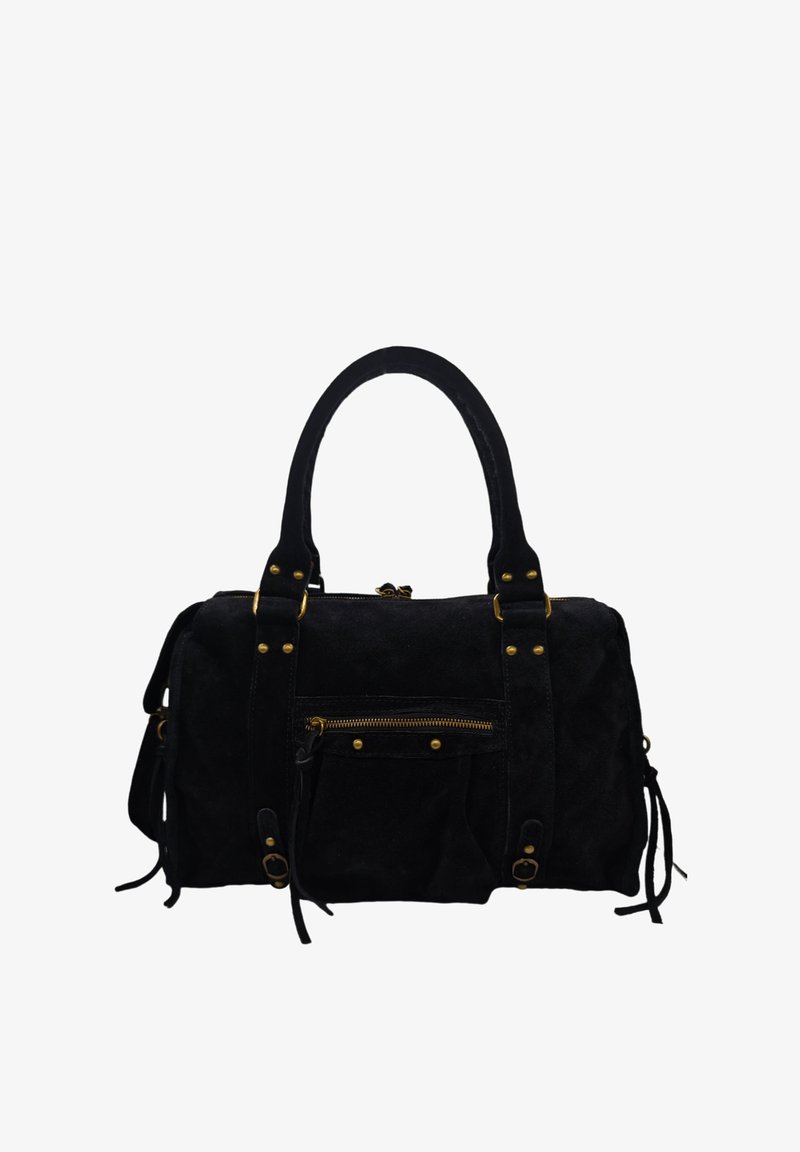 Sac à main en daim noir avec une poche avant zippée, des accents en métal doré, deux poignées supérieures et des franges sur les côtés.