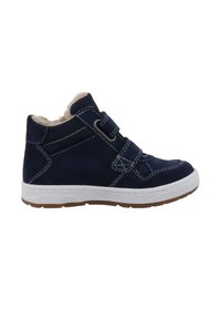 Dunkelblaue High-Top-Sneaker mit weißen Nähten, weißer Sohle, braunem Profil, zwei Klettverschlüssen und beigem Fleece-Innenfutter.
