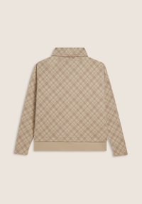 Felpa beige a motivo con colletto alto, caratterizzata da un design geometrico ripetuto e orlo inferiore a costine. Texture morbida, maniche lunghe.