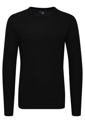 Schwarzer gestrickter Pullover mit rundem Halsausschnitt, strukturiertem Stoff, langen Ärmeln sowie gerippten Bündchen und Saum. Verfügt über ein dezentes horizontales Muster.