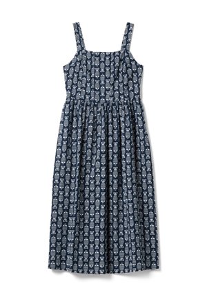 Vestido azul marino sin mangas con patrón geométrico abstracto blanco, escote cuadrado, cuerpo ajustado y falda midi recogida.