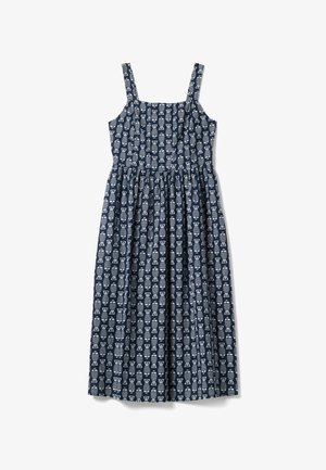 Vestido azul marino sin mangas con patrón geométrico abstracto blanco, escote cuadrado, cuerpo ajustado y falda midi recogida.