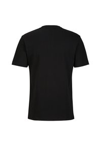 Schwarzes Kurzarm-T-Shirt aus Baumwolle, mit rundem Halsausschnitt und glatter Textur. Die Rückansicht zeigt ein einfaches, schmuckloses Design.