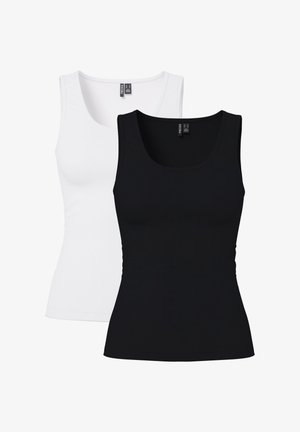 Due canottiere senza maniche, una nera e una bianca, esposte su uno sfondo bianco uniforme, entrambe con scollature rotonde e etichette del marchio.