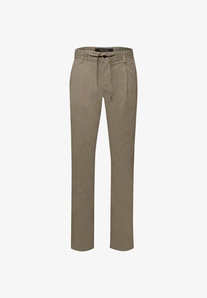 Herenkaki casual broek met elastische tailleband en trekkoord, voorzien van lussen voor een riem en zijzakken.