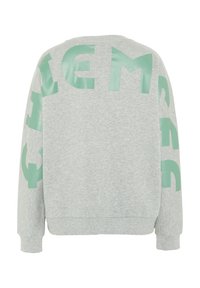 Sweat-shirt gris clair avec de grandes lettres vertes en bloc partiellement visibles dans le dos et sur les manches, présenté sur fond blanc.