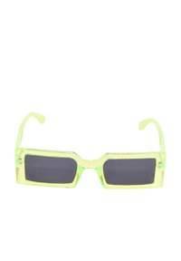 Grüne transparente Sonnenbrille mit rechteckigen Gläsern, dunkler Tönung und geraden Bügeln. Verfügt über einen leichten geometrischen Schnitt an der Nasenbrücke.
