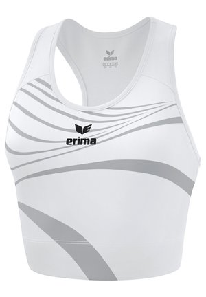 Witte sport-beha met een grijs golfpatroon, racerback ontwerp, en zwart "erima" logo aan de voorkant. Gemaakt van rekbaar, lichtgewicht materiaal.