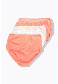 Set van vier vrouwenondergoed in koraal en wit. Bevat een polka dot ontwerp op het bovenste stuk. Zachte stof en elastische tailleband.