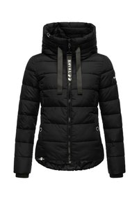 Schwarze Daunenjacke mit hohem Kragen, Frontreißverschluss, verstellbare Kapuze und elastischen Bündchen. Mit horizontal gestepptem Design und seitlichen Taschen.
