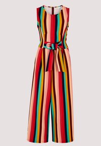Mono rayado con piernas anchas, que presenta rayas multicolores en rojo, verde azulado y durazno. Incluye una cintura ceñida con un cinturón y una hebilla circular.