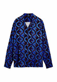 Blue and brown patterned shirt with a collar, featuring wavy designs and floral accents. Long sleeves and button closure.
