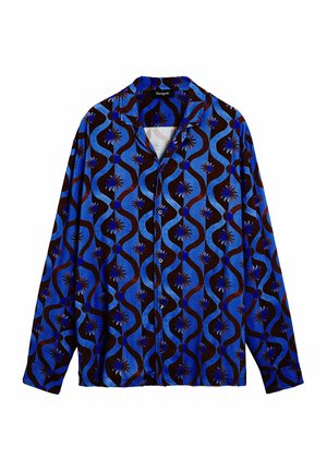 Blauw en bruin gestreept shirt met een kraag, met golvende ontwerpen en bloemaccenten. Lange mouwen en knoopsluiting.