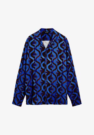 Camisa de patrón azul y marrón con cuello, que presenta diseños ondulados y acentos florales. Mangas largas y cierre de botones.