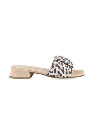 Beige low-heeled open-toe sandal with a wide, knotted leopard-print fabric strap across the foot.