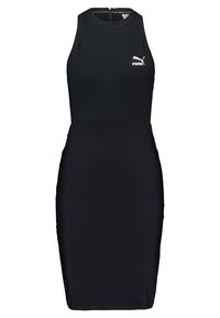 Czarna sukienka bez rękawów wykonana z rozciągliwej tkaniny, o dopasowanym kroju i małym białym logo Puma na piersi. Minimalistyczny design.