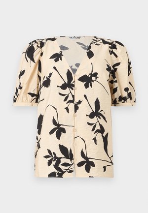Beige short-sleeve blouse with black floral print, V-neck, puffed sleeves, and front button closure.