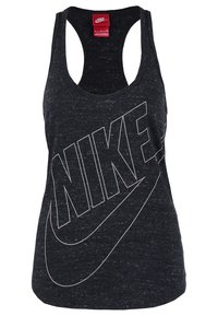 Svart linne med rund halsringning och racerback-design. Har en stor vit Nike-logotyp på framsidan. Tillverkat av ett texturerat tyg.