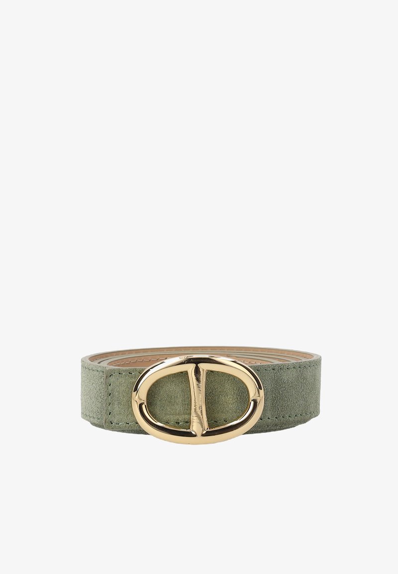 Green suede belt featuring a gold oval buckle with a double D design, smooth texture, and single row of stitching along the edges.