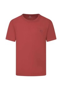 T-shirt di cotone rosso con collo rotondo, maniche corte e una piccola etichetta con il logo Levi's sul lato sinistro del petto. Tessuto liscio e vestibilità classica.
