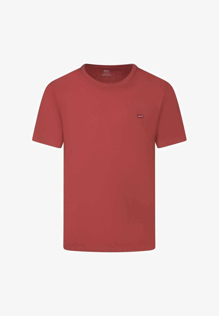 Camiseta de algodón roja con cuello redondo, mangas cortas y un pequeño parche del logo de Levi's en el lado izquierdo del pecho. Textura suave y corte clásico.