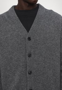 Grauer Cardigan mit V-Ausschnitt, geripptem Kragen und sechs schwarzen Knöpfen, der eine weiche Textur und einen taillierten Schnitt präsentiert.
