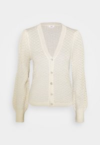 Kremowy dzianinowy kardigan z dekoltem w serek, guzikami z przodu oraz długimi bufiastymi rękawami. Posiada fakturowany wzór oraz ściągacze na mankietach i u dołu.