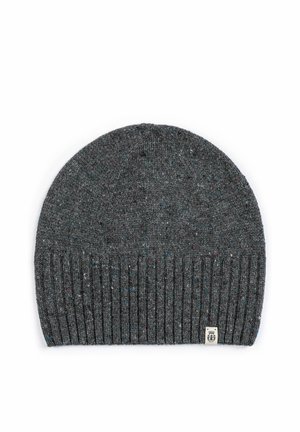 Dark gray knitted wool beanie with ribbed fold-over edge and small fabric tag on the bottom right side.
