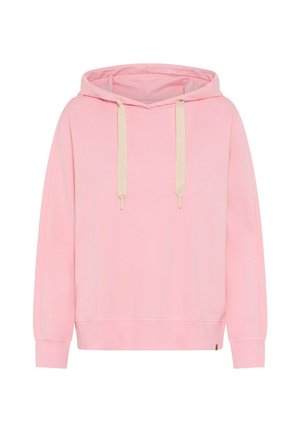 Różowa bluza z kapturem wykonana z miękkiego materiału, posiadająca dużą kieszeń kangurka, beżowy kaptur ze sznurkiem oraz ściągacze na rękawach z małą metką z logo.