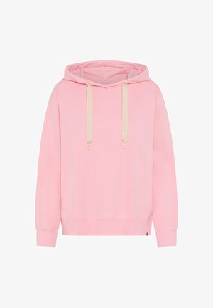 Różowa bluza z kapturem wykonana z miękkiego materiału, posiadająca dużą kieszeń kangurka, beżowy kaptur ze sznurkiem oraz ściągacze na rękawach z małą metką z logo.