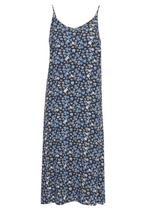 Abito slip floreale con spalline sottili, scollatura a V e uno sfondo blu notte con motivi floreali blu, bianchi e verdi.