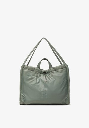 Bolso tote acolchado verde con largas correas para el hombro, asa corta, cierre con cordón y logo DEHA en el frente.