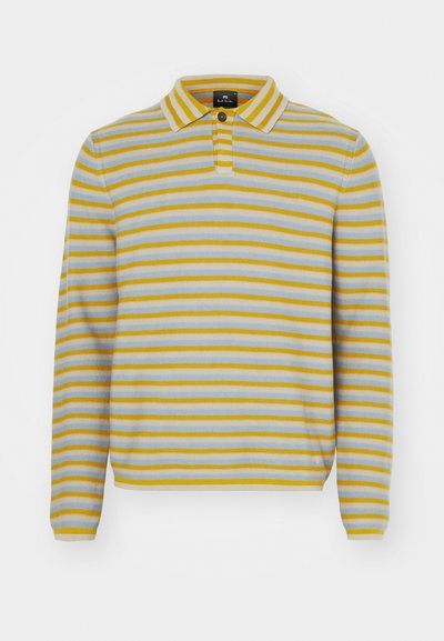 Svītrota garām piedurknēm polo kreklā gaiši zila un dzeltena krāsā, ar klasisku apkakli, pogu aizdari un ribotām piedurknēm. Mīksta adīta auduma.