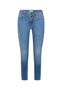 Jeans ajustados en denim azul claro, con una cintura de altura media, cierre de doble botón y un ligero desvanecimiento. Presenta un diseño clásico de cinco bolsillos.