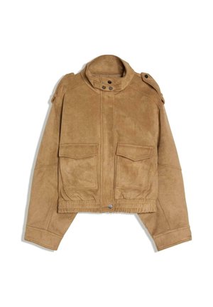 Brown suede jacket with high collar, snap button closure, two front flap pockets, and elastic hem detail, laid flat on white background.