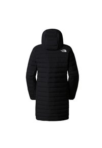Svart puffjacka med huva, med ett kviltat mönster, jämn textur och The North Face-logotyp på vänster axel.