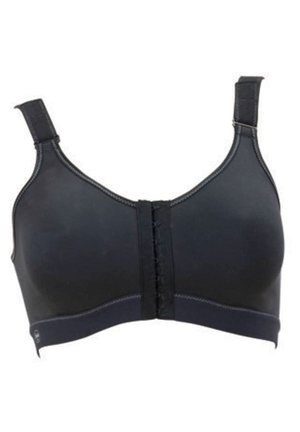 Reggiseno sportivo nero realizzato in un materiale liscio e elastico. Presenta spalline regolabili e una chiusura frontale a gancio e asola con cuciture rinforzate.
