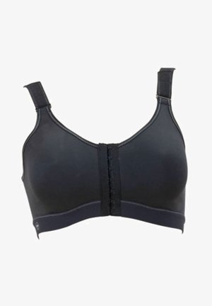 Reggiseno sportivo nero realizzato in un materiale liscio e elastico. Presenta spalline regolabili e una chiusura frontale a gancio e asola con cuciture rinforzate.