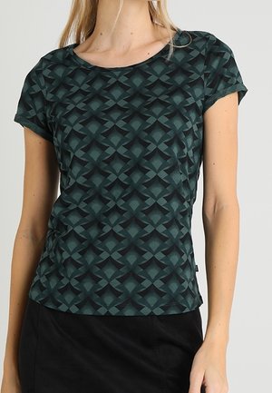 Haut à manches courtes à motifs verts présentant un design géométrique avec un tissu texturé. Encolure ronde et silhouette ajustée.