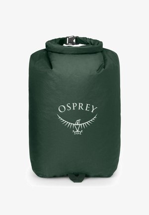 Groene waterdichte opbergzak met een roltopsluiting, voorzien van een wit Osprey-logo en een gestructureerd gaaspatroon. Inclusief een zijlus voor bevestiging.