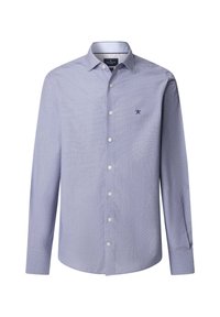Camicia azzurra chiaro a maniche lunghe con colletto, bottoni bianchi e piccolo logo ricamato sul lato sinistro del petto.