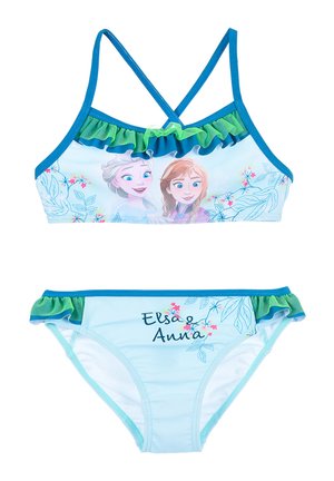 Ensemble de maillot de bain deux pièces comprenant un tissu bleu clair, des volants élastiques en haut et en bas, et des personnages imprimés avec des accents floraux.