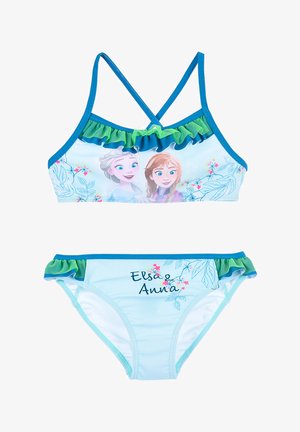 Zweiteiliger Badeanzug bestehend aus hellblauem Stoff, elastischen Rüschen an Ober- und Unterteil sowie bedruckten Figuren mit floralen Akzenten.